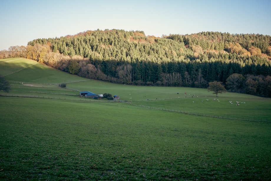 landscape with farm buildings caravan and livestock