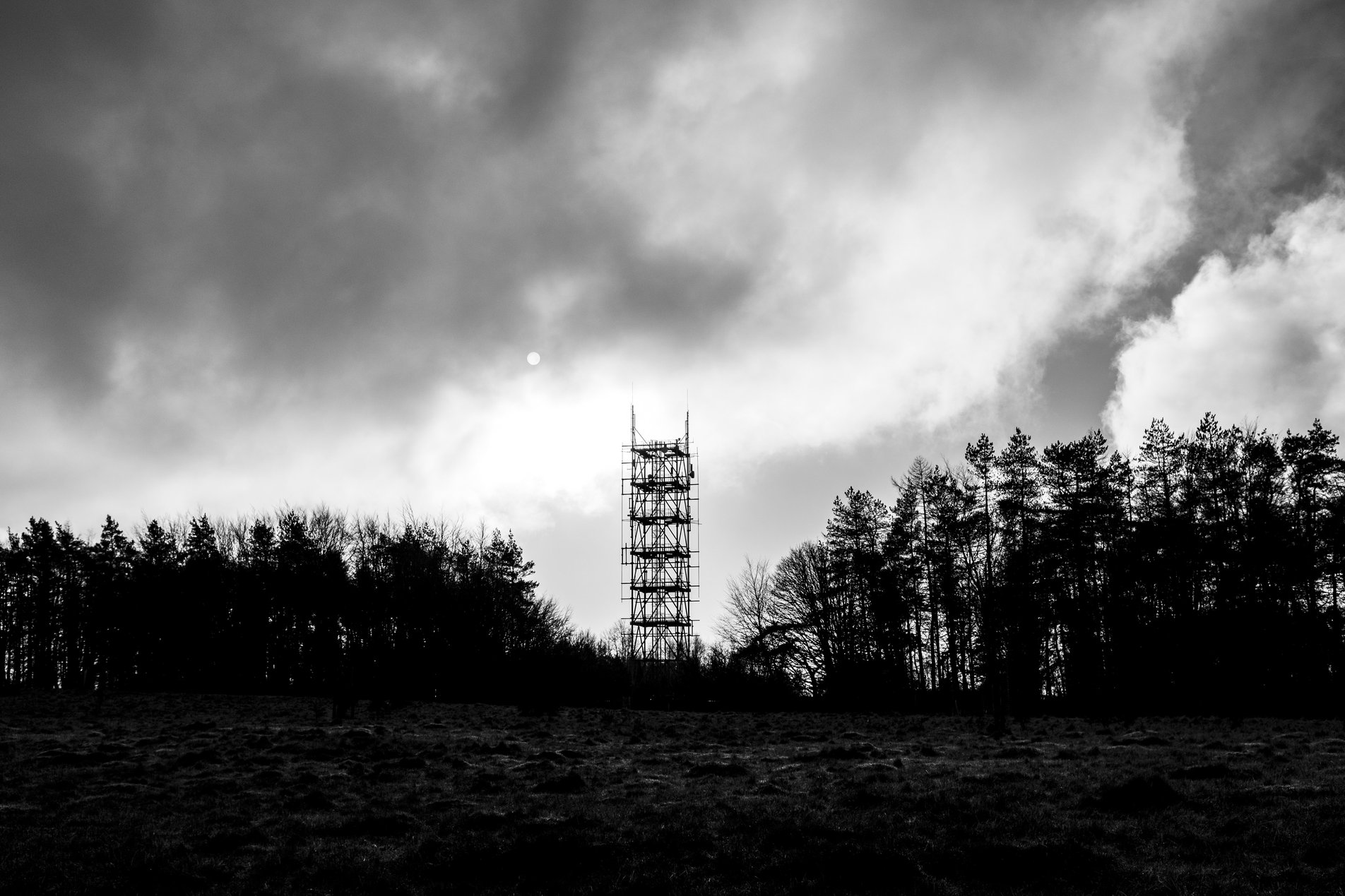 silhouette on communications tower in forest
