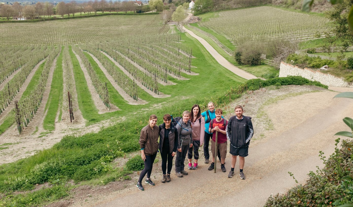 group shot of hikers next to vineyard