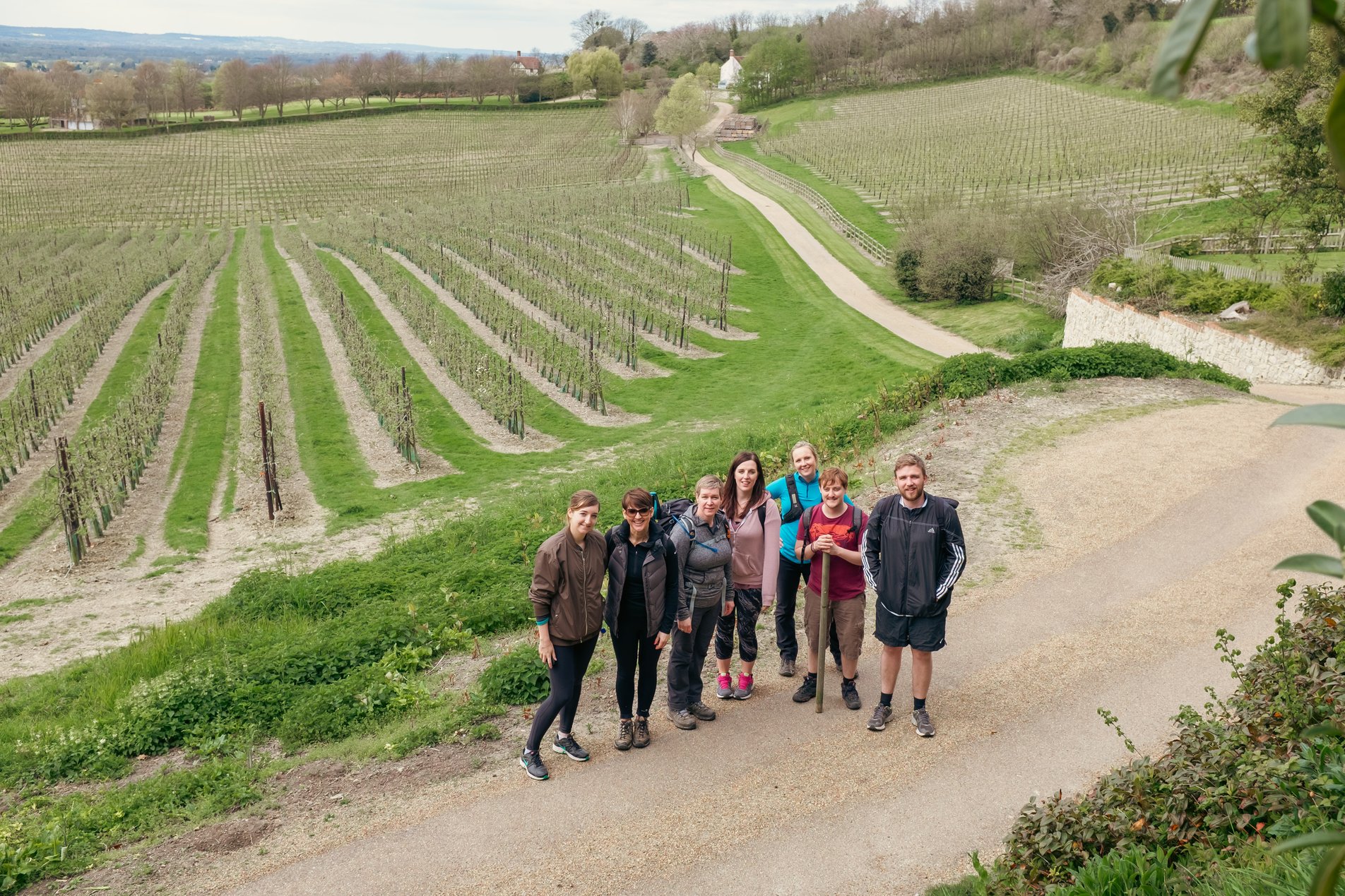 group shot of hikers next to vineyard