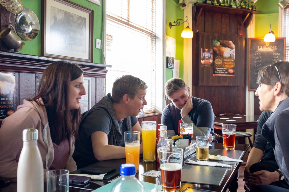 hikers enjoying a pub lunch