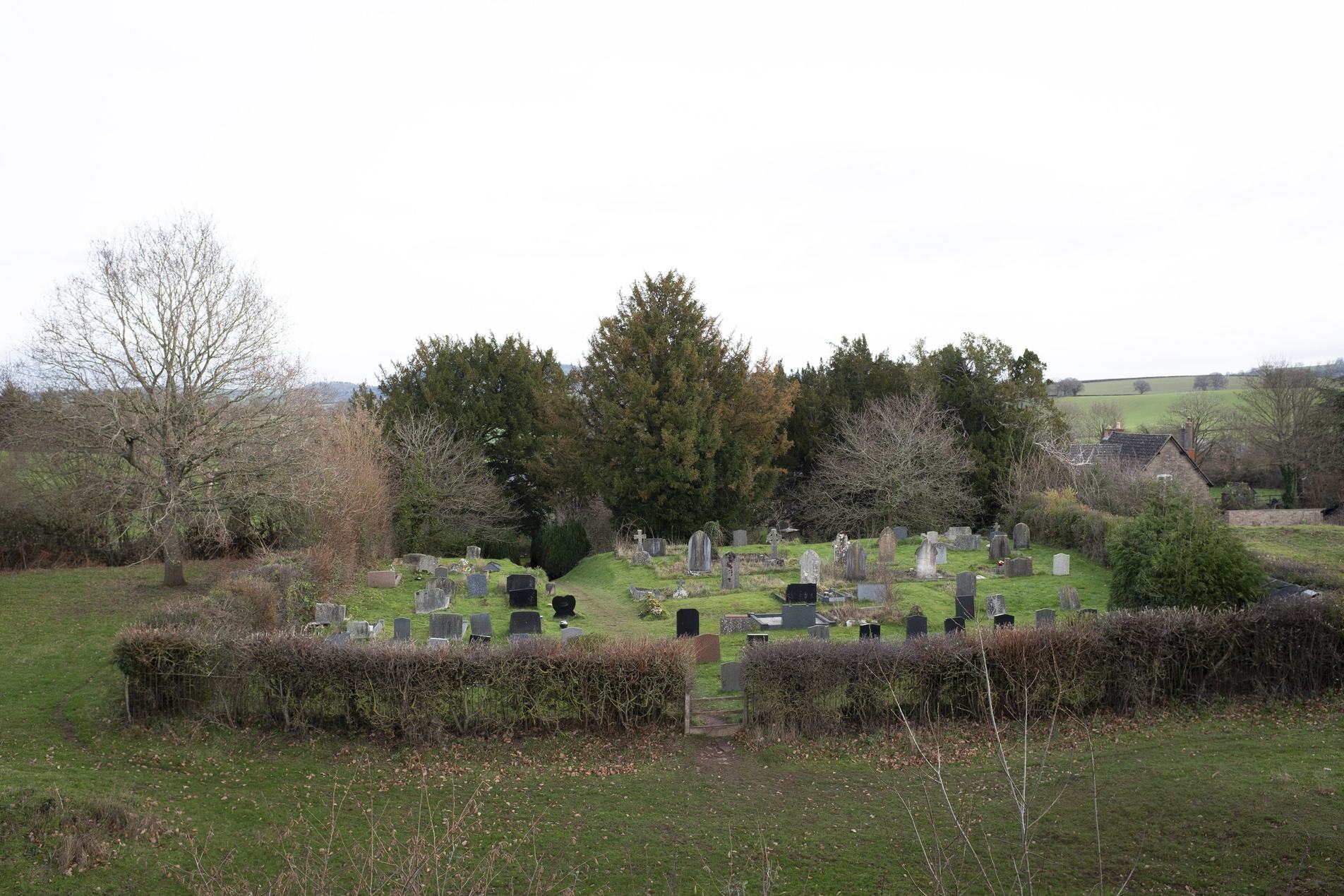 Small rural graveyard surrounded by a low hedge, scattered headstones and monuments among grassy plots, bare trees and evergreens behind, with fields and cottages visible under an overcast sky.