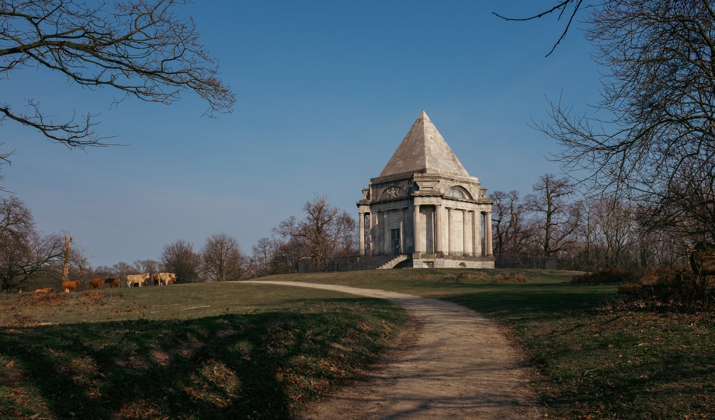 path up to mausoleum with cattle