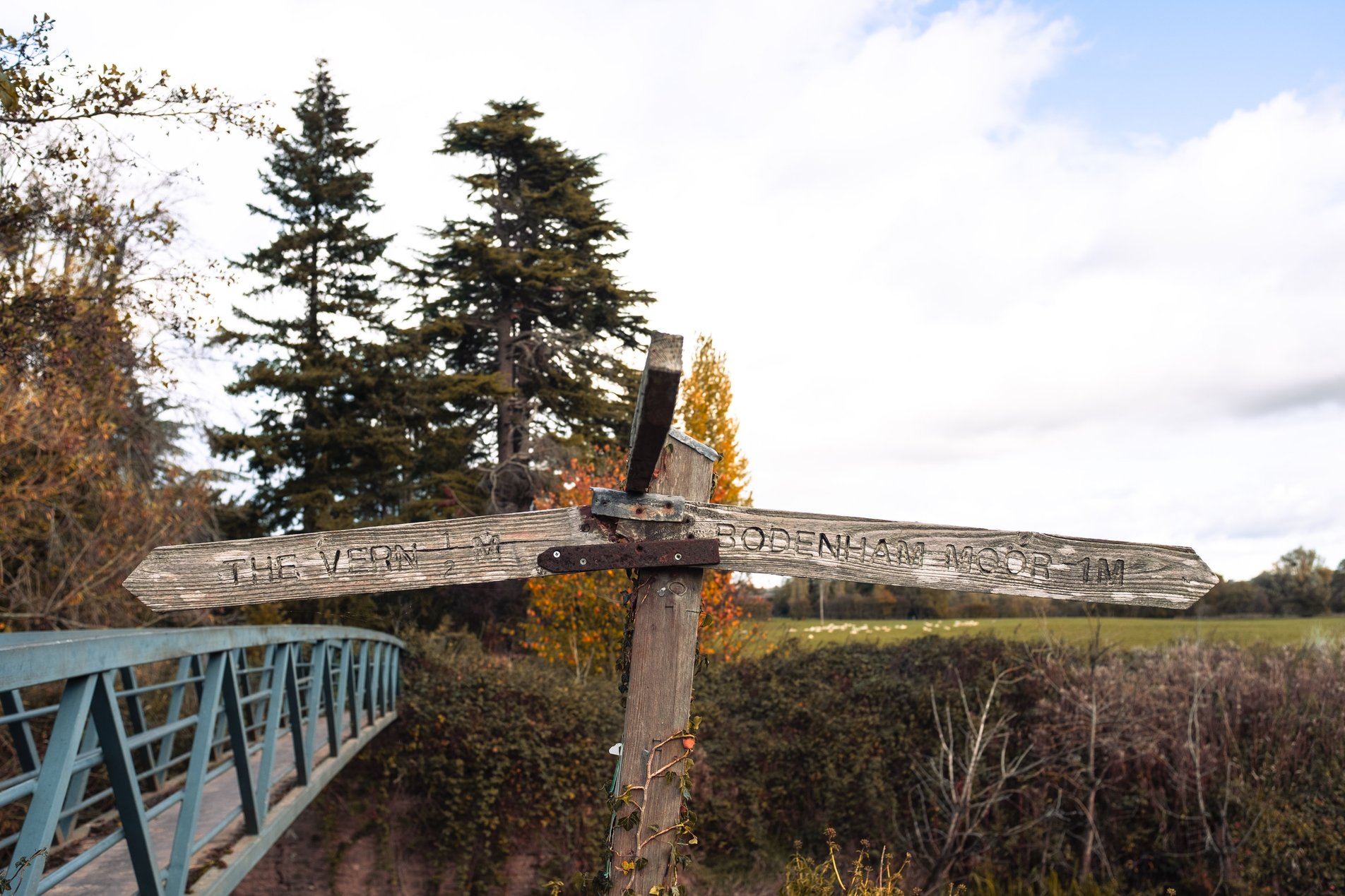 wooden signpost and bridge