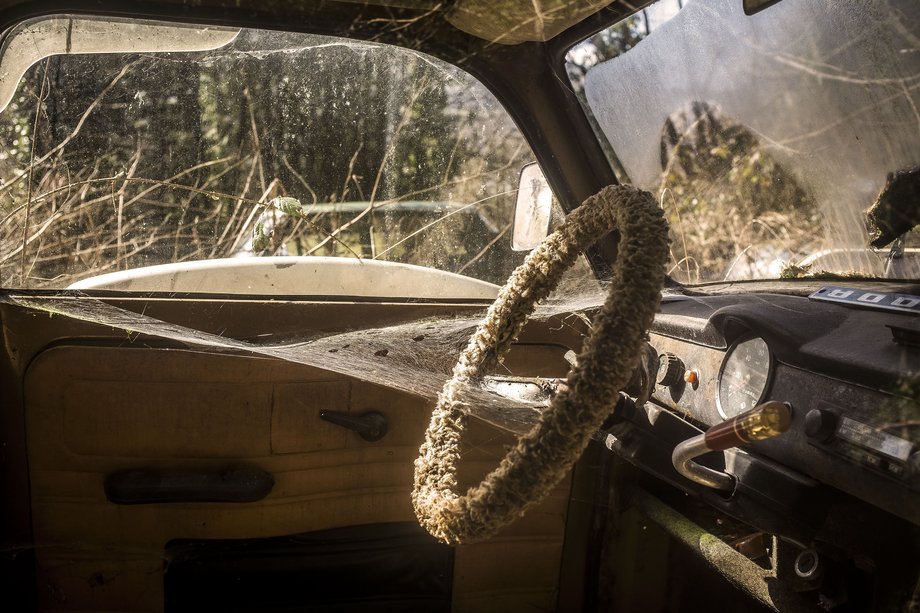 interior of old trabant car with spider webs and furry stearing wheel cover